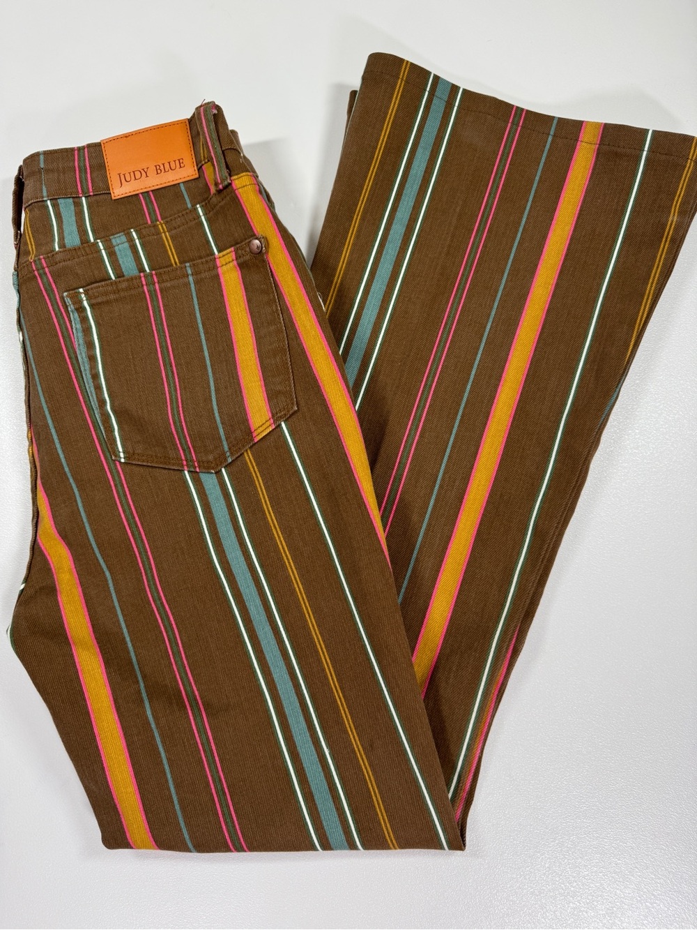Judy Blue Jeans Women’s 7/28 Brown Multi Stripe Flare Stretch Retro Fall